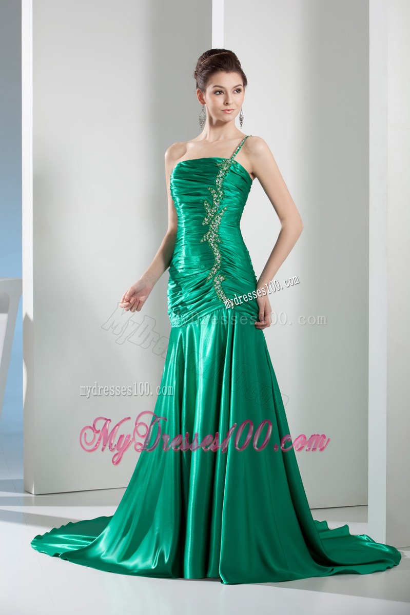 Beading Mermaid Court Train One Shoulder Celebrity Dress in Green