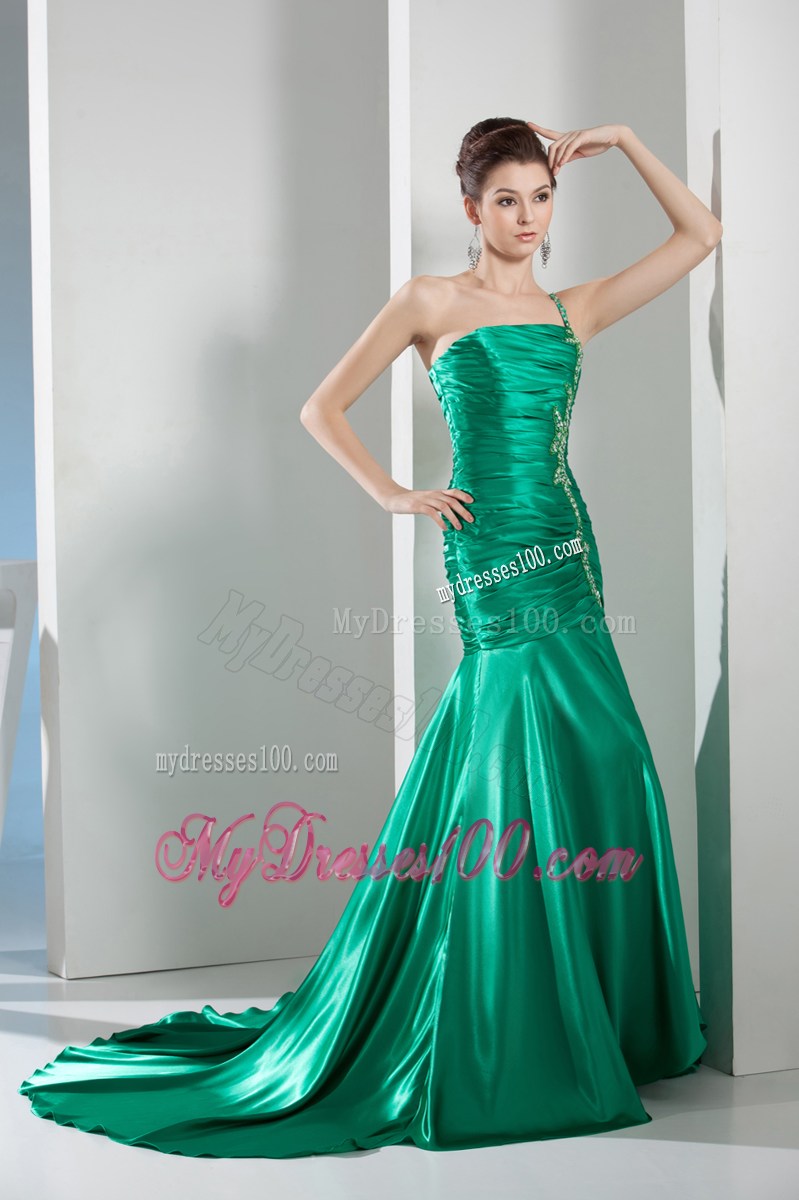 Beading Mermaid Court Train One Shoulder Celebrity Dress in Green