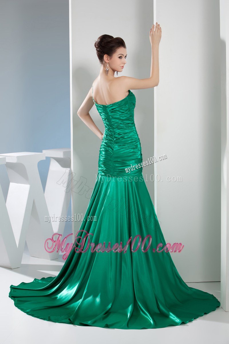Beading Mermaid Court Train One Shoulder Celebrity Dress in Green