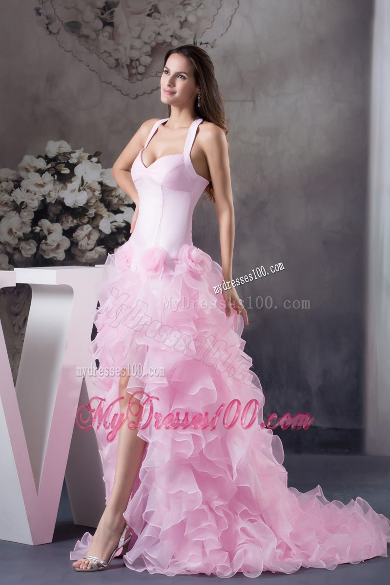 Beautiful Ruffles Halter Pink High-low Column Prom Dress