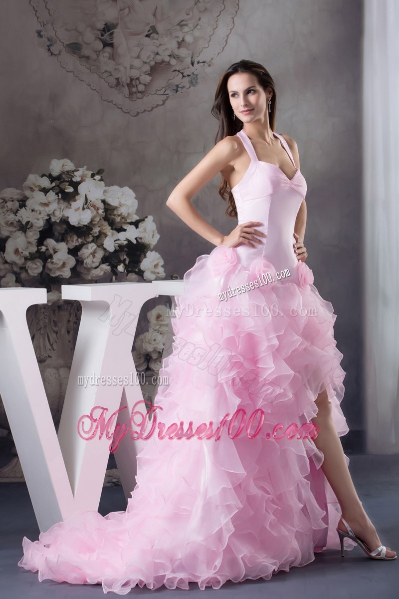 Beautiful Ruffles Halter Pink High-low Column Prom Dress
