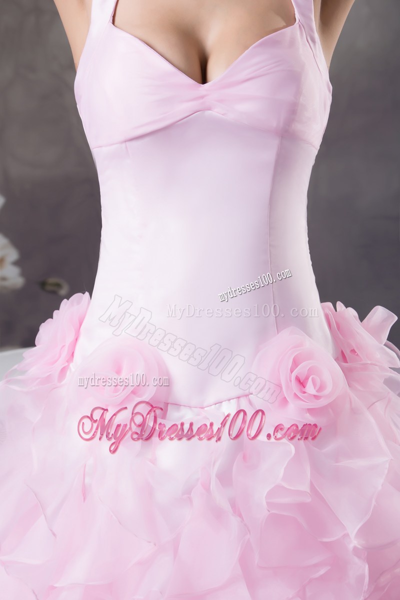 Beautiful Ruffles Halter Pink High-low Column Prom Dress