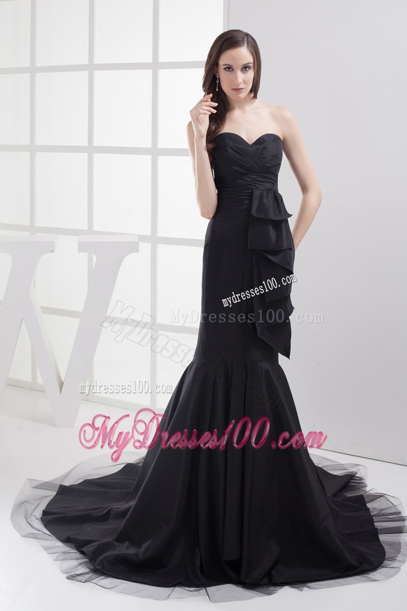 Black Mermaid Sweetheart Ruching Celebrity Dress with Chapel Train