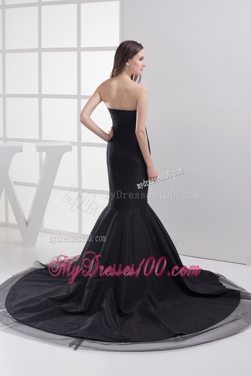 Black Mermaid Sweetheart Ruching Celebrity Dress with Chapel Train