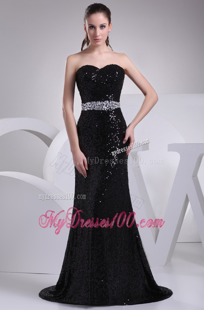 Black Sequin Beading Sweetheart Brush Train Prom Dress