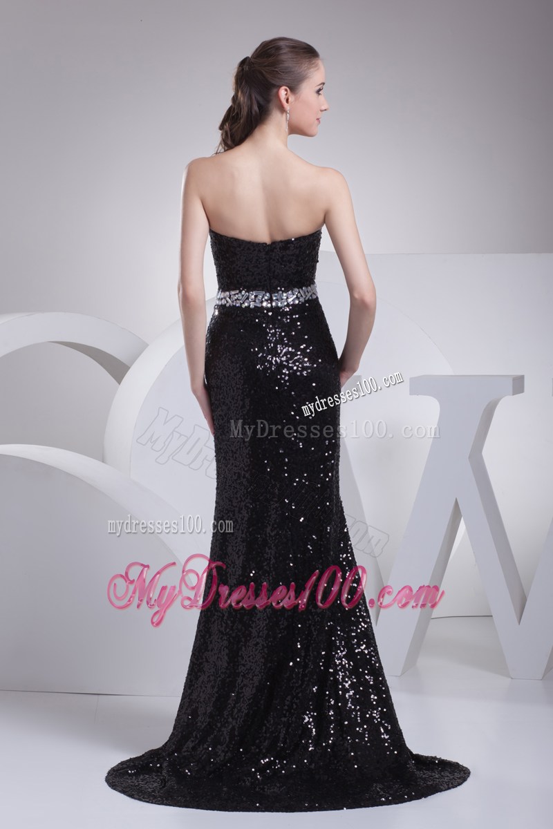 Black Sequin Beading Sweetheart Brush Train Prom Dress
