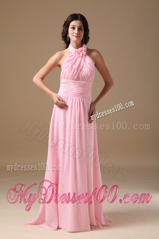 Pink Halter Top Ruching and Flowers Brush Train Celebrity Dress