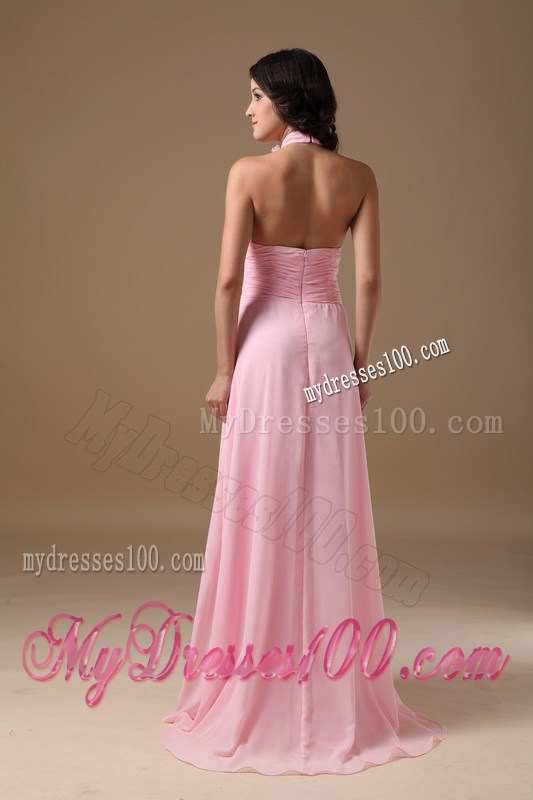 Pink Halter Top Ruching and Flowers Brush Train Celebrity Dress