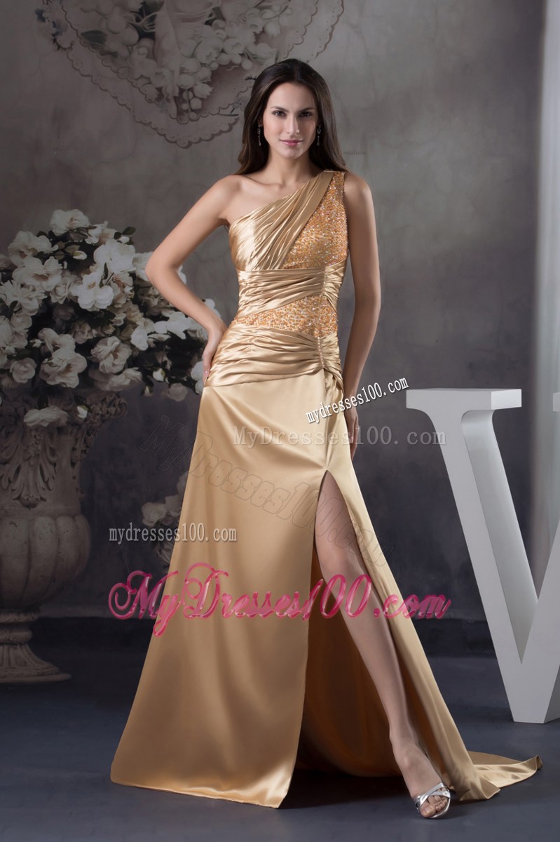 Champagne Beading One Shoulder Court Train Column Prom Dress