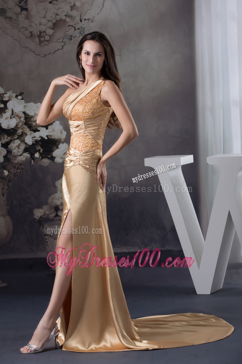 Champagne Beading One Shoulder Court Train Column Prom Dress