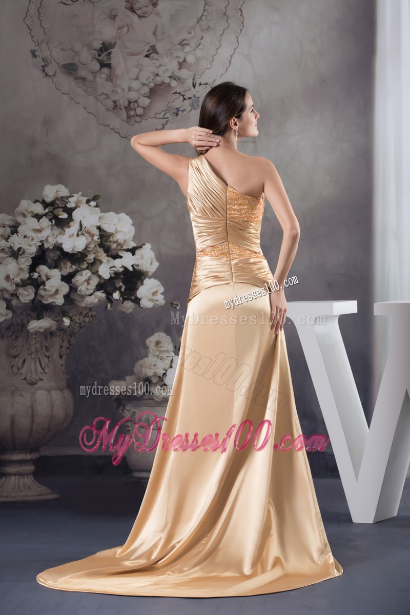 Champagne Beading One Shoulder Court Train Column Prom Dress