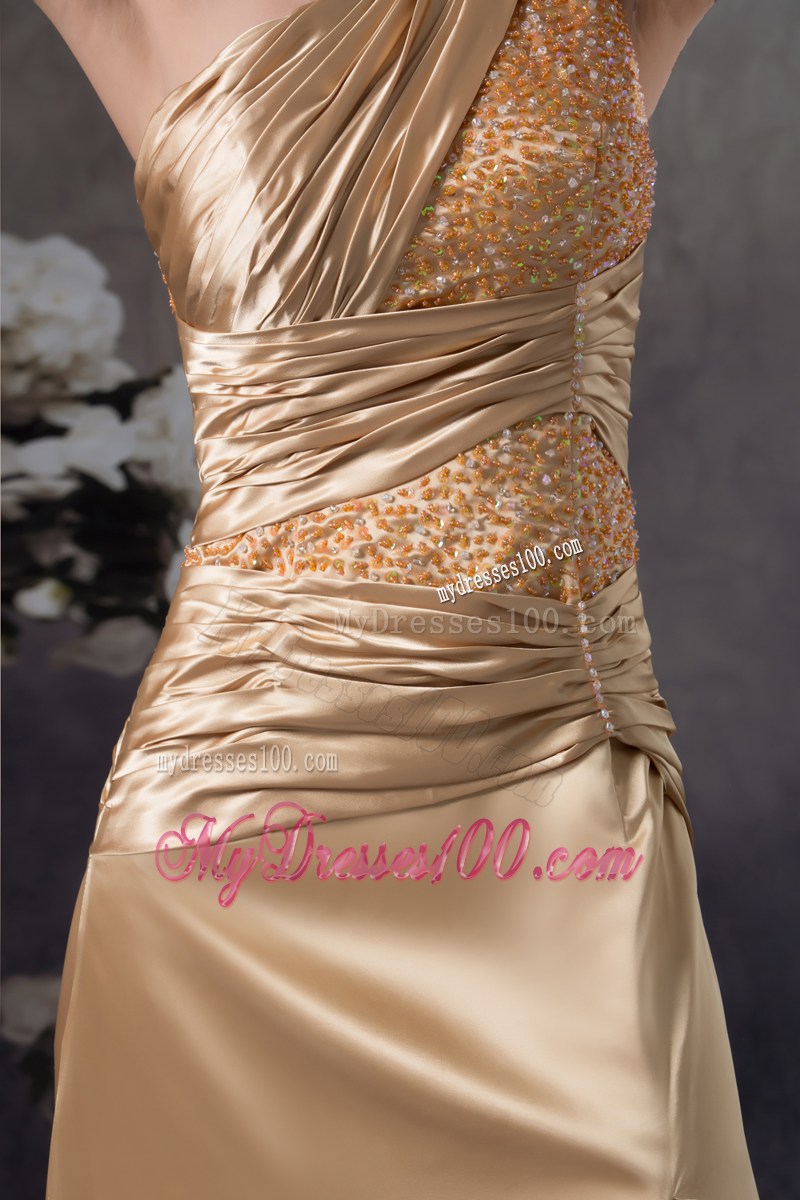 Champagne Beading One Shoulder Court Train Column Prom Dress