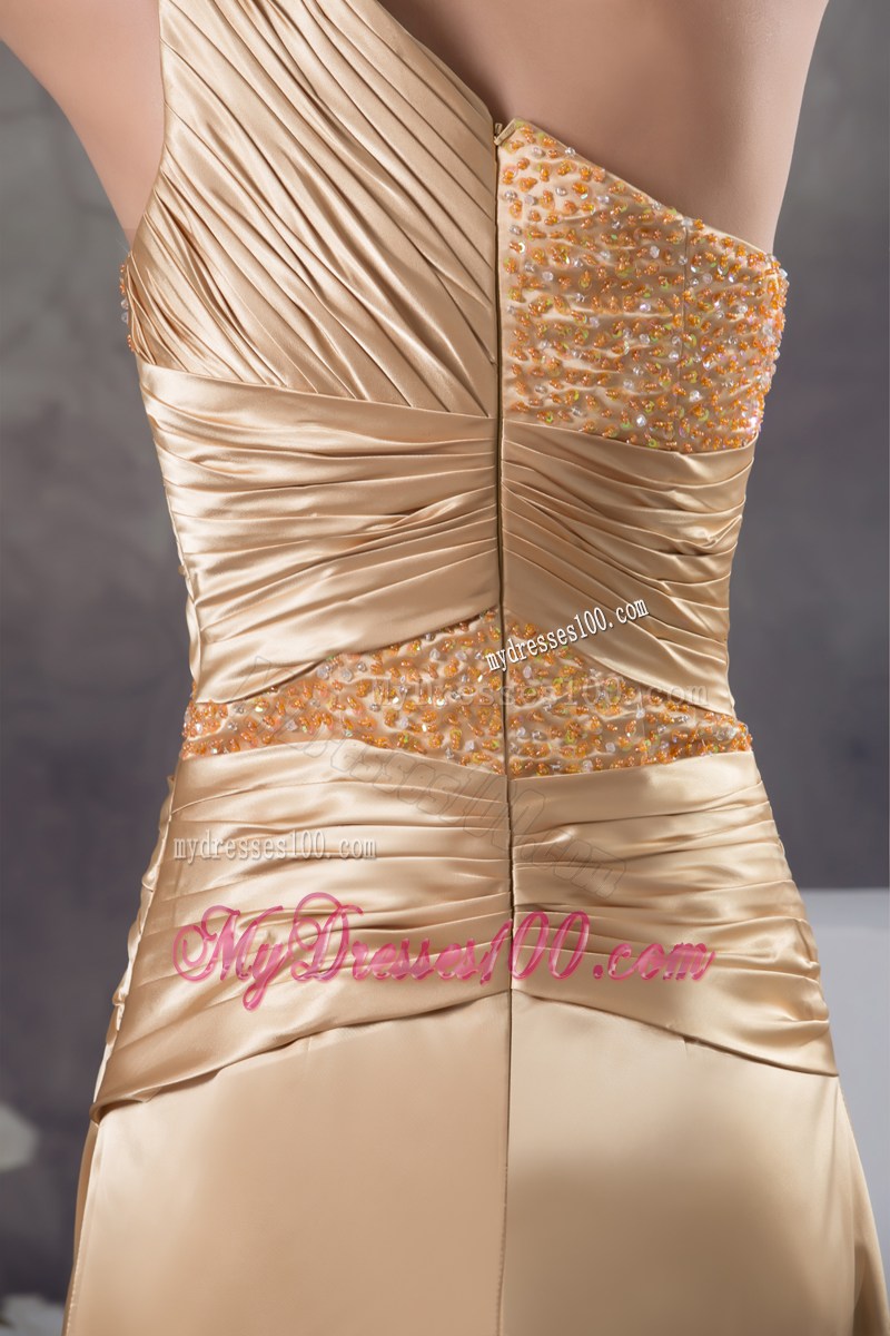 Champagne Beading One Shoulder Court Train Column Prom Dress
