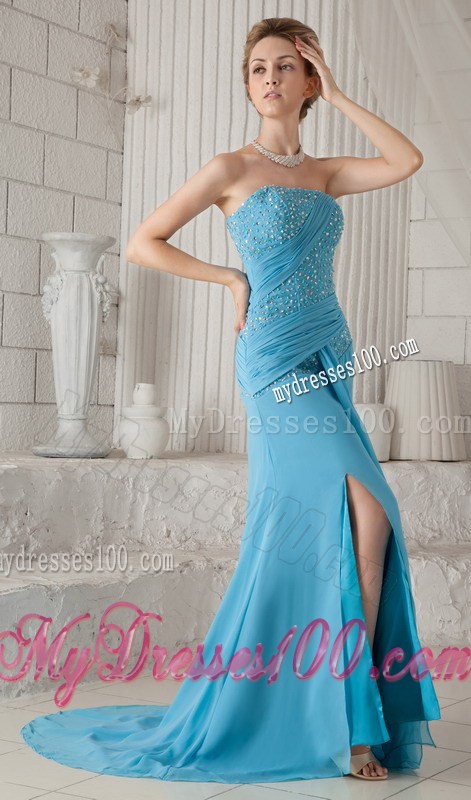 Aqua Blue Brush Train Beading and Ruching Prom Celebrity Dress