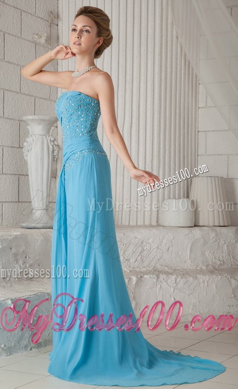Aqua Blue Brush Train Beading and Ruching Prom Celebrity Dress
