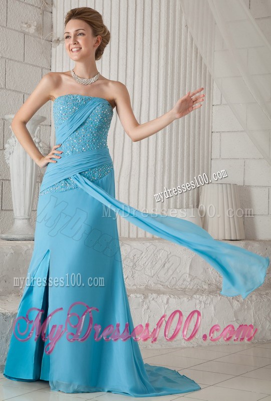 Aqua Blue Brush Train Beading and Ruching Prom Celebrity Dress