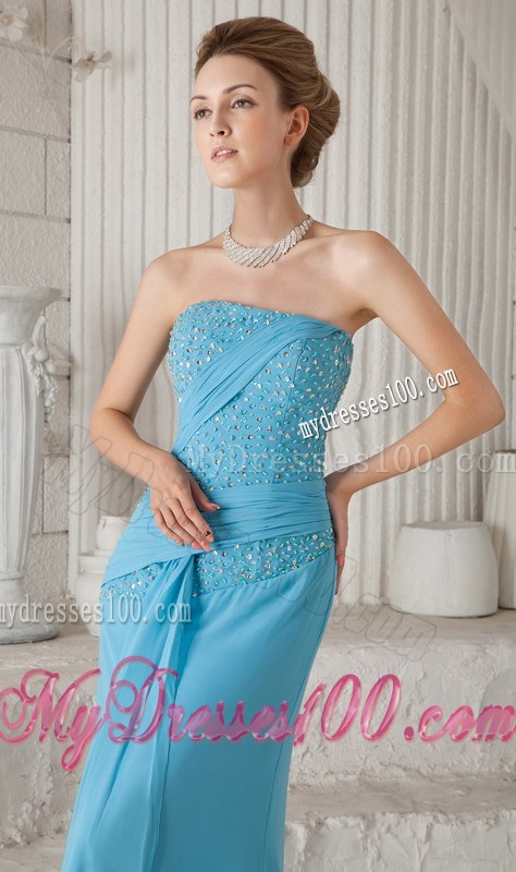 Aqua Blue Brush Train Beading and Ruching Prom Celebrity Dress