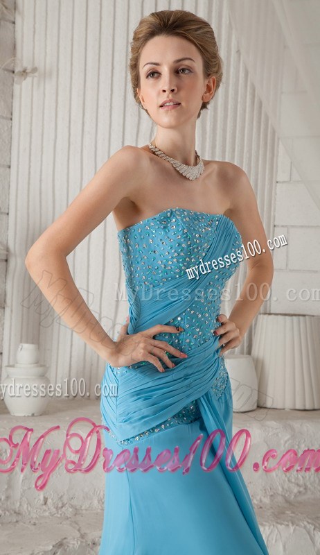 Aqua Blue Brush Train Beading and Ruching Prom Celebrity Dress