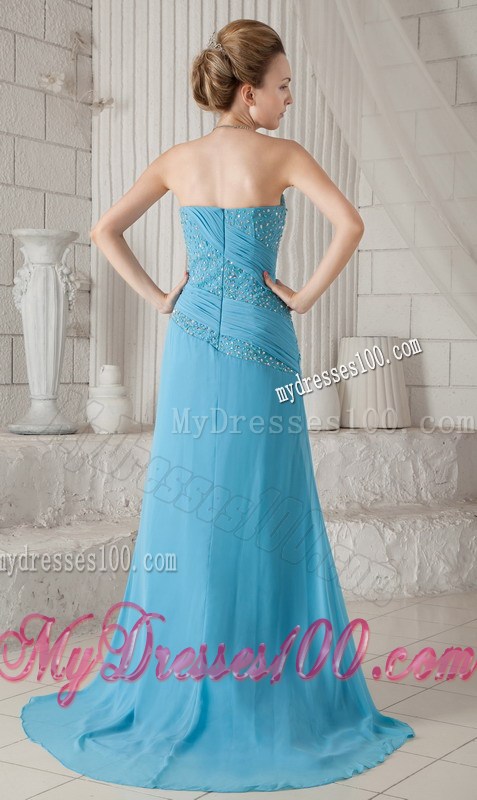 Aqua Blue Brush Train Beading and Ruching Prom Celebrity Dress