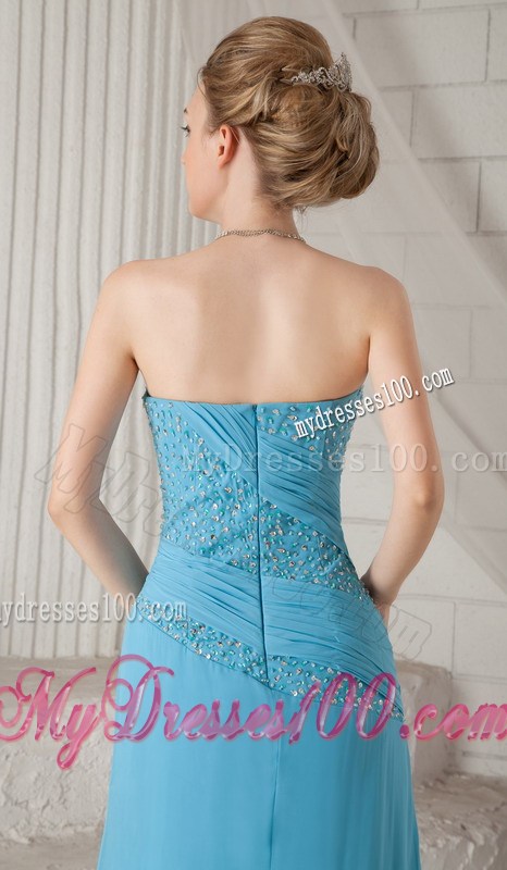 Aqua Blue Brush Train Beading and Ruching Prom Celebrity Dress