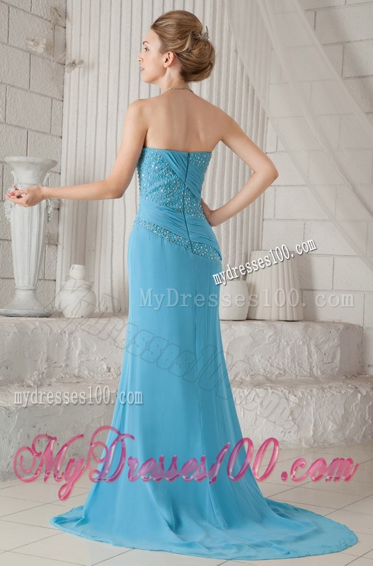 Aqua Blue Brush Train Beading and Ruching Prom Celebrity Dress
