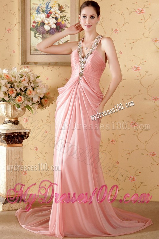 Watermelon Halter Chapel Train Beading and Ruching Celebrity Dress