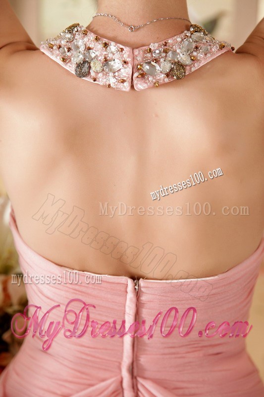 Watermelon Halter Chapel Train Beading and Ruching Celebrity Dress