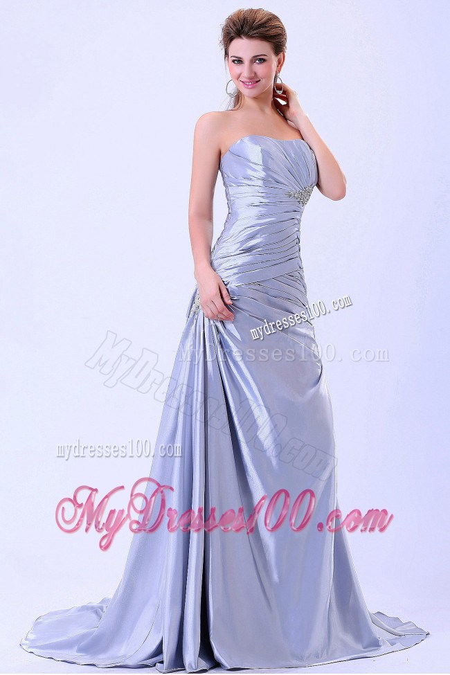 Silver Ruched and Appliques Celebrity Dress With Brush Train