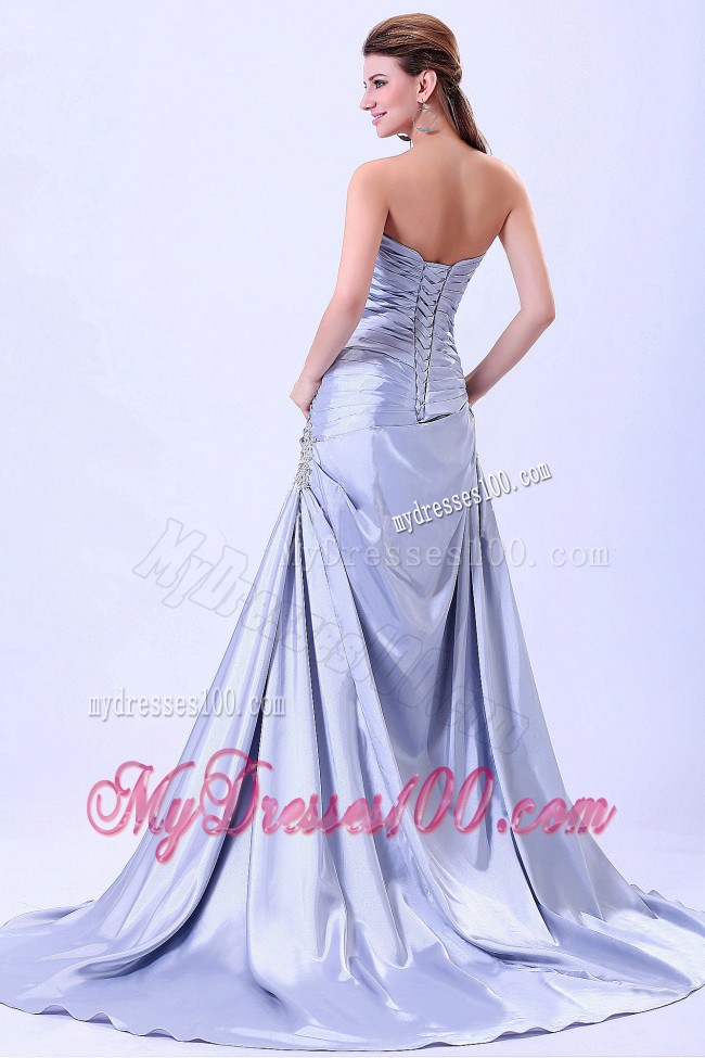 Silver Ruched and Appliques Celebrity Dress With Brush Train