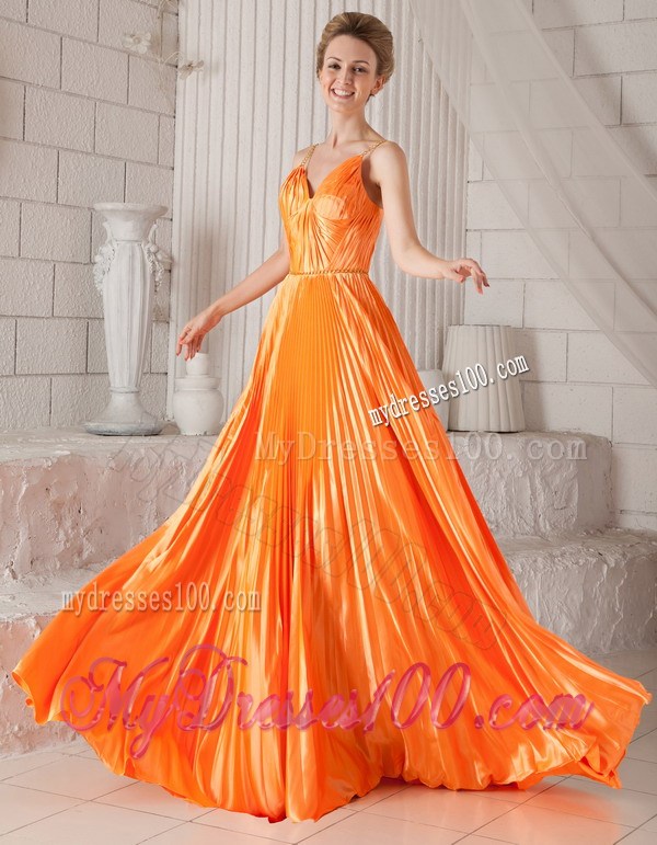 Spaghetti Straps Orange Red Empire Court Train Pleats Celebrity Dress