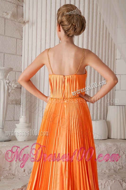 Spaghetti Straps Orange Red Empire Court Train Pleats Celebrity Dress