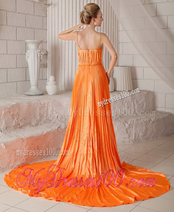 Spaghetti Straps Orange Red Empire Court Train Pleats Celebrity Dress