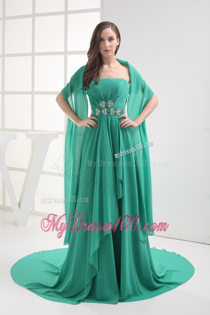 Empire Turquoise Strapless Appliques Ruching Prom Dress
