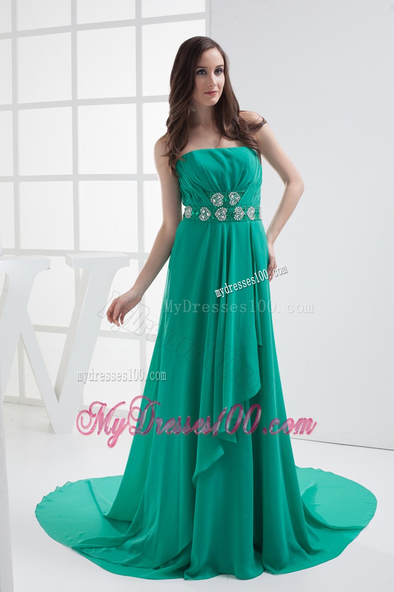 Empire Turquoise Strapless Appliques Ruching Prom Dress