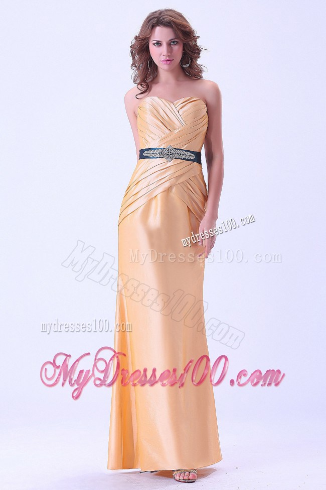 Gold Mermaid Prom Dress With Belt and Ruching Floor-length