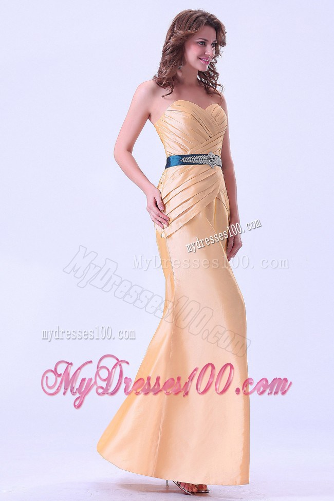 Gold Mermaid Prom Dress With Belt and Ruching Floor-length