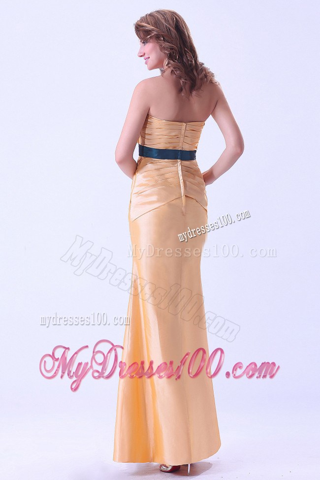 Gold Mermaid Prom Dress With Belt and Ruching Floor-length
