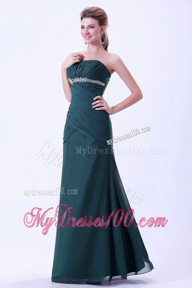 Dark Green Strapless Celebrity Dress with Appliques and Ruching