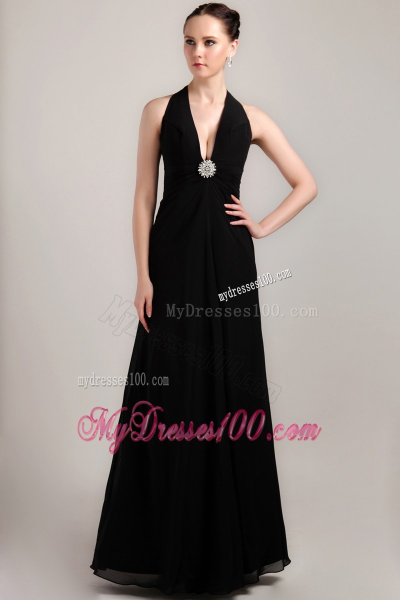 Halter Black Column Sheath Beading and Ruche Celebrity Dress