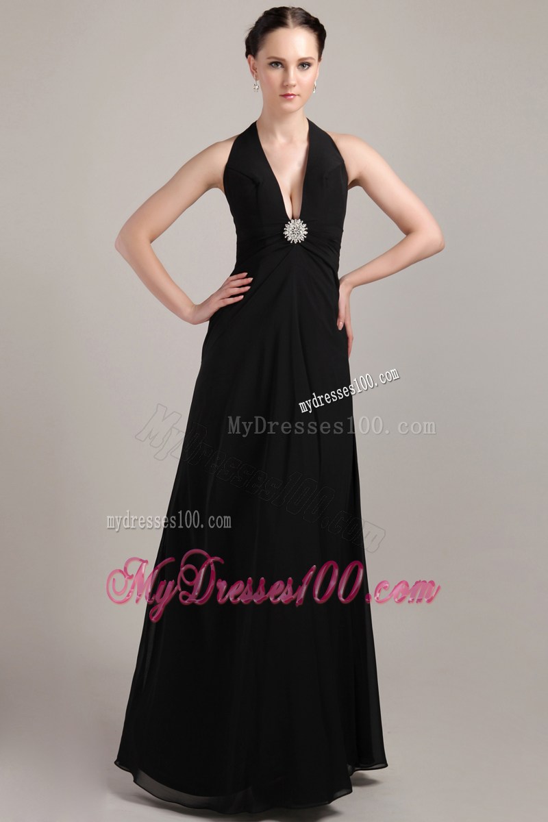 Halter Black Column Sheath Beading and Ruche Celebrity Dress