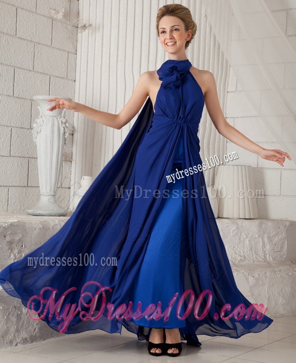 Blue Halter Column Ruching Celebrity Dress with Watteau Train