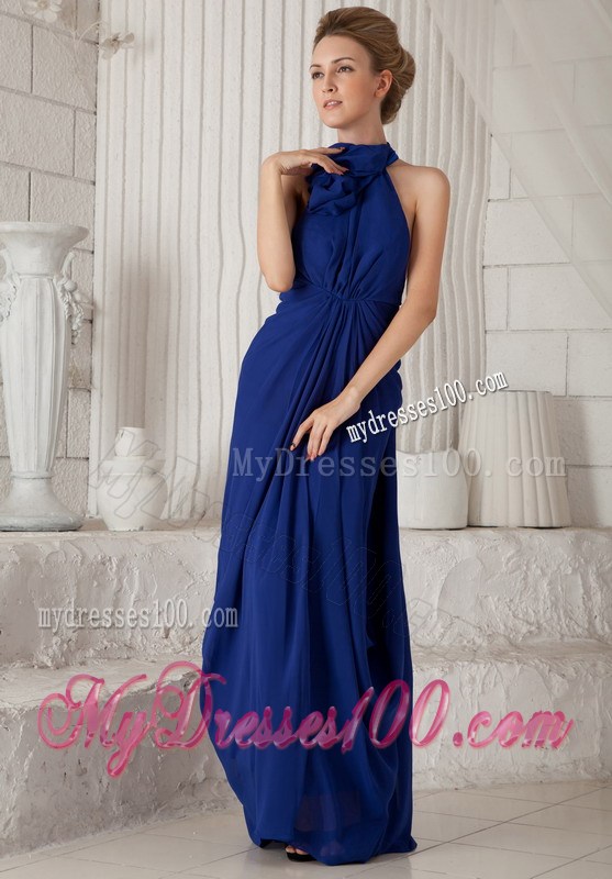 Blue Halter Column Ruching Celebrity Dress with Watteau Train
