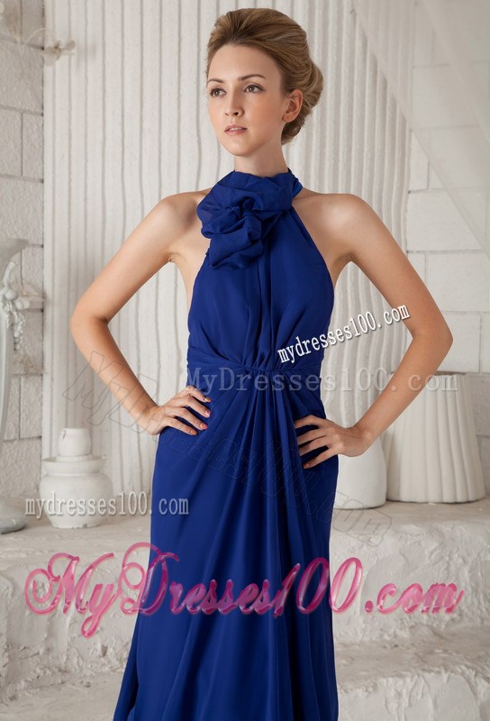 Blue Halter Column Ruching Celebrity Dress with Watteau Train