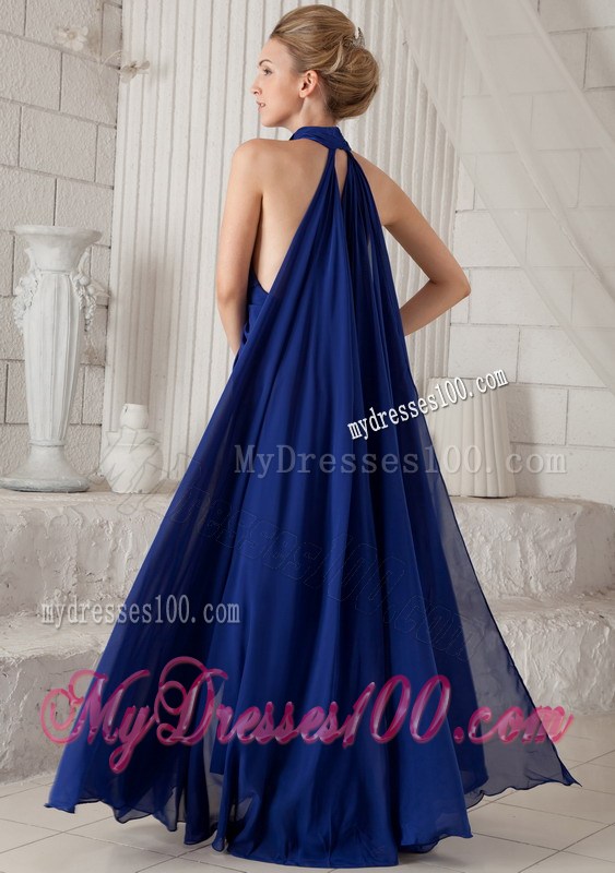 Blue Halter Column Ruching Celebrity Dress with Watteau Train