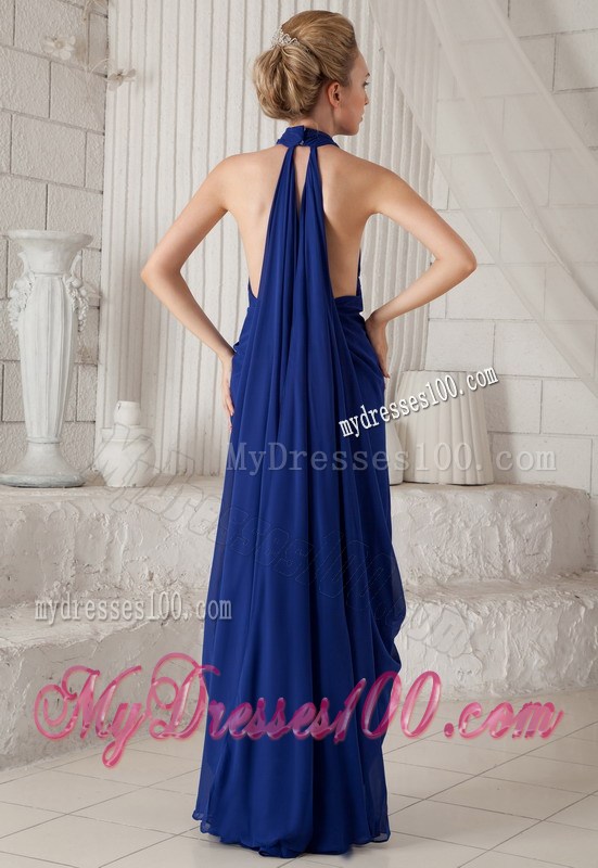 Blue Halter Column Ruching Celebrity Dress with Watteau Train