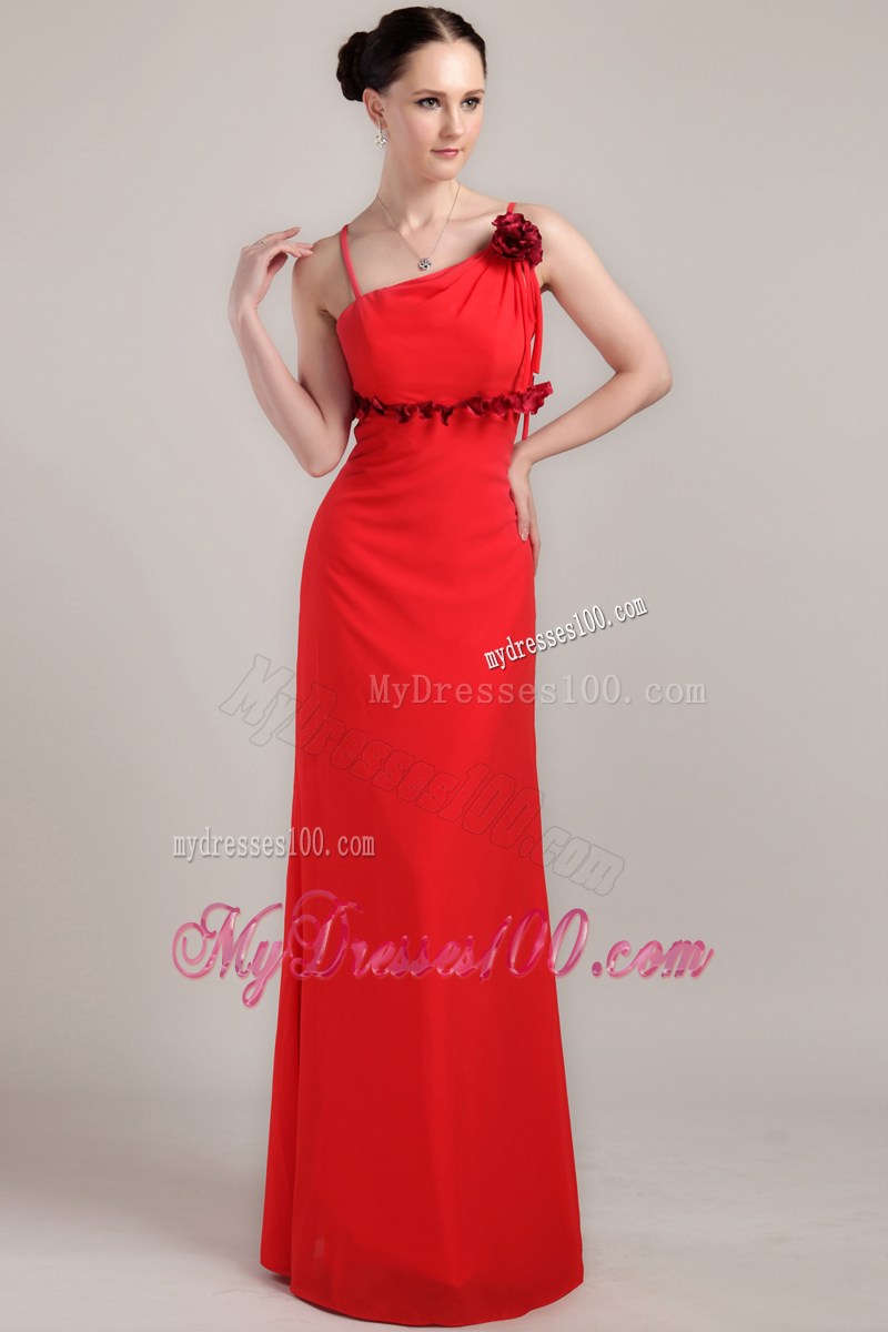 Red Column Asymmetrical Hand Made Flower Prom Celebrity Dress