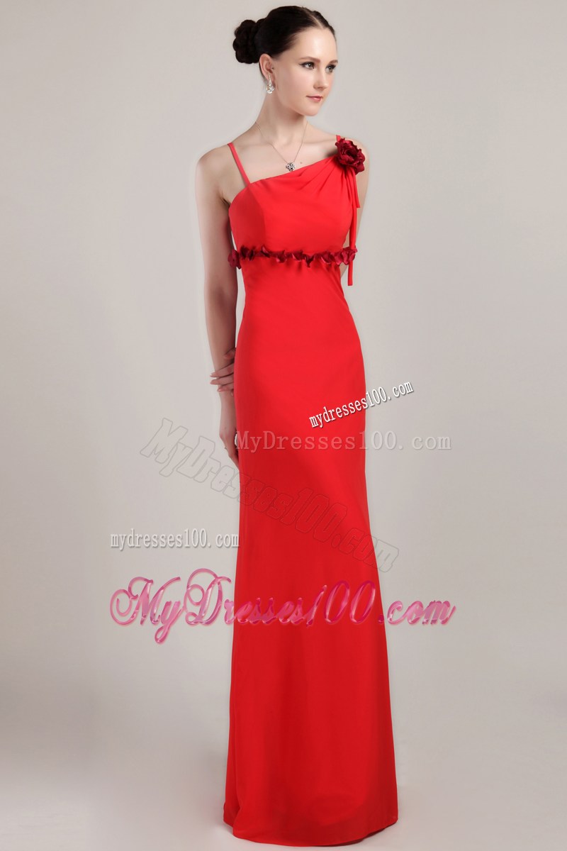 Red Column Asymmetrical Hand Made Flower Prom Celebrity Dress