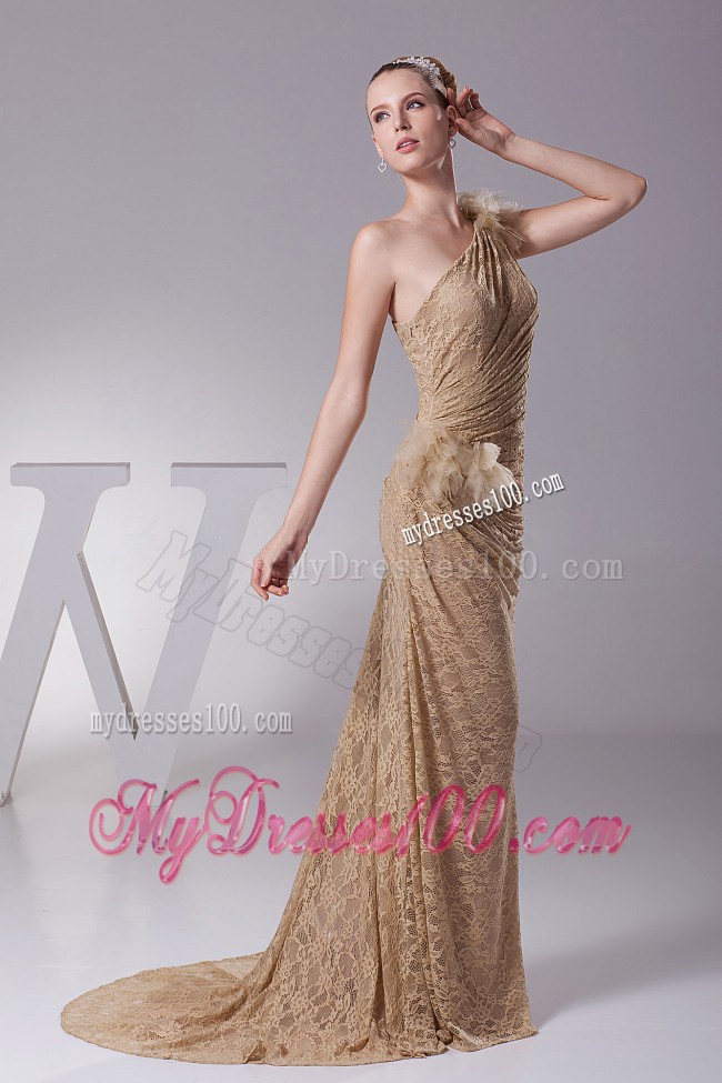 Hand Made Flowers Decorate One Shoulder Lace Brush Train 2013 Prom Dress