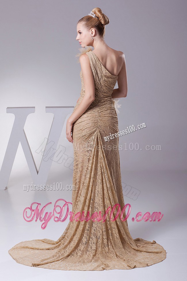 Hand Made Flowers Decorate One Shoulder Lace Brush Train 2013 Prom Dress