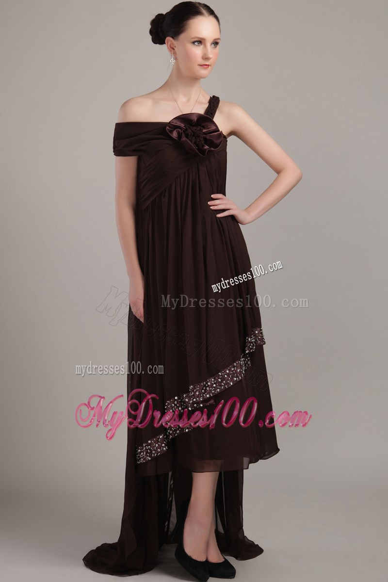 Brown Asymmetrical High-low Beading Plus Size Celebrity Dress
